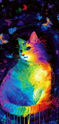 This live phone wallpaper features a digital art of a cat sitting on a table by Lisa Frank