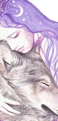 This stunning live wallpaper depicts a woman and a wolf in shades of purple