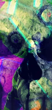 This lively phone live wallpaper boasts a close-up of a stuffed animal on a bed against a backdrop of a skull-shaped nebula in bold acid colors