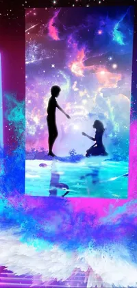 This vertical live phone wallpaper depicts a stylish concept art rendering of a couple standing before a mirror