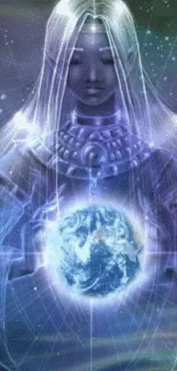 Experience the magic of this stunning phone live wallpaper featuring a regal white-clad deity holding a glowing orb
