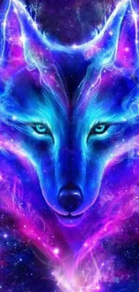 The stunning phone live wallpaper displays an intricate image of a purple and blue wolf set against a star-filled sky