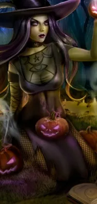 This live phone wallpaper showcases stunning digital art featuring a witch holding intricately carved pumpkins