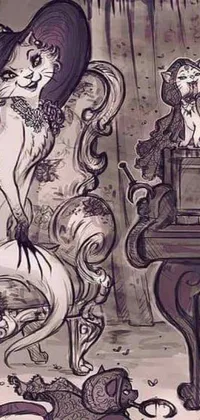 This phone live wallpaper showcases a stunningly intricate drawing of a woman playing the piano