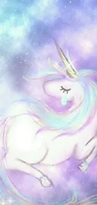 This live phone wallpaper features a magical unicorn flying through the sky, shedding a single tear and exhibiting an iridescent color