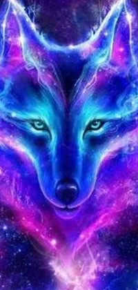 This phone live wallpaper presents a stunning, purple and blue, wolf against a starry, night sky background