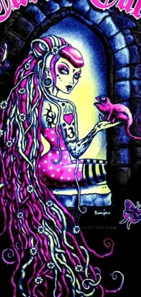 This phone live wallpaper features a striking digital art rendering of a serene woman with long hair adorned with intricate neon tattoos, complemented by beautiful pink little alien girl perched on her shoulder