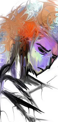 This phone live wallpaper showcases a captivating digital painting of a woman with bright orange hair, evoking feelings of despair and sorrow