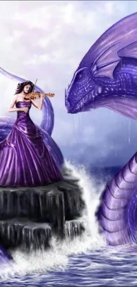 This phone live wallpaper features a stunning illustration of a woman in a flowing purple dress beside a purple dragon on a rocky outcrop