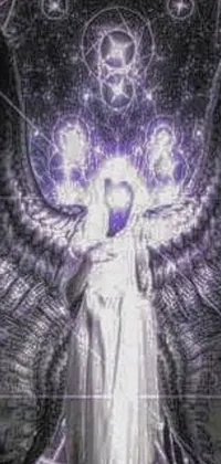 This phone live wallpaper features a captivating digital artwork of a purple and white cloaked angel standing in front of a star-filled sky