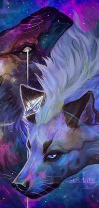This phone live wallpaper features a stunning illustration of two wolves facing each other, surrounded by a cosmic crystal background that shimmers as it catches the light