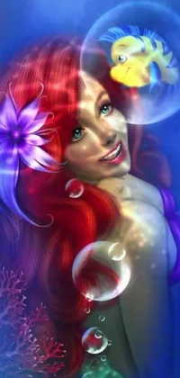 This phone live wallpaper depicts a stunning hand-painted mermaid with red hair swimming in a colorful underwater world