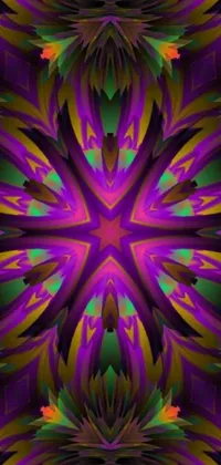 Add a bold and unique touch to your phone screen with this stunningly vibrant and colorful live wallpaper! Designed in a psychedelic style, this computer-generated image features an intricately detailed purple and green flower with a mesmerizing central star