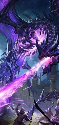 This Live Wallpaper portrays an action-packed scene of a purple dragon attacking a warrior with a sword