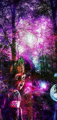 Looking for an immersive phone wallpaper that transports you to another world? Check out this stunning digital art scene featuring a psychedelic woodscape with an alien musician lost in space