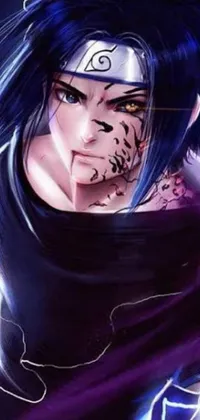 This stunning live wallpaper features a captivating close-up of a person with blue hair and glowing purple eyes against a backdrop of vibrant and striking colors