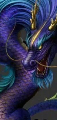 Discover a captivating phone wallpaper featuring a regal purple dragon with blue and green hair