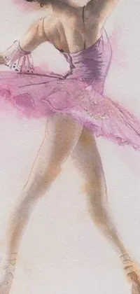 This live phone wallpaper displays a stunning watercolor painting of a ballerina in a pink dress, gracefully poised in mid-performance
