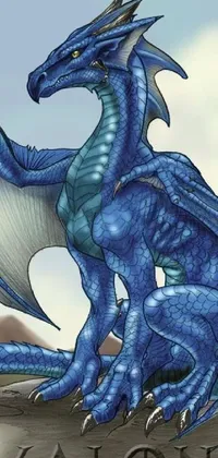 This phone live wallpaper features a striking blue dragon perched atop a rocky outcrop