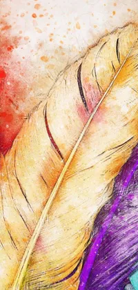 This phone live wallpaper features a digital painting of a vibrant bird feather, rendered in a watercolor style