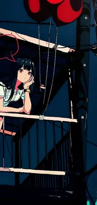 This phone live wallpaper features an anime drawing of a woman on a balcony who is talking on a cell phone
