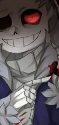This live wallpaper depicts a cartoon skeleton with red piercing eyes holding a menacing knife