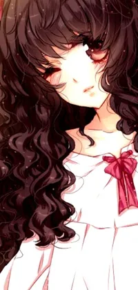 This anime-inspired live wallpaper features a beautiful girl with long black hair, dressed in a frilly lace dress and holding a bouquet of pink roses