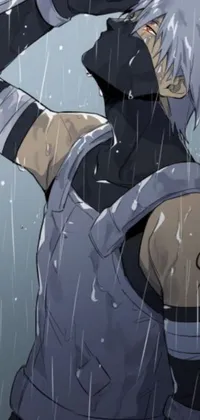 This phone live wallpaper showcases a captivating anime character standing in the rain