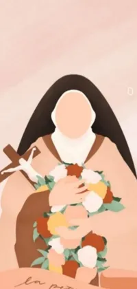 This live phone wallpaper showcases an art piece of a nun holding a flower bouquet in a brown and white color theme