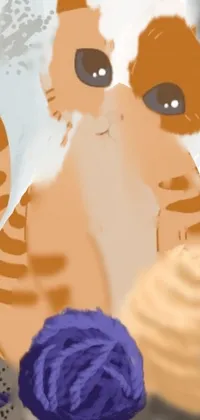 This furry, realistic phone live wallpaper depicts a cat sitting next to a ball of yarn in a caramel and brown color scheme
