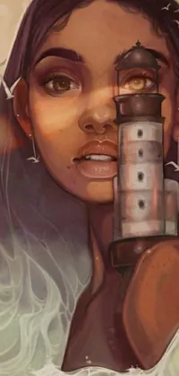 This phone live wallpaper features an afrofuturistic painting of a woman holding a light house amidst rolling waves and towers