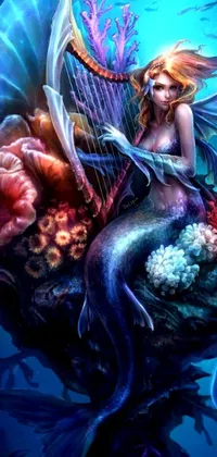 This remarkable phone live wallpaper showcases a detailed mermaid playing a harp on a rock in a fantasy scene