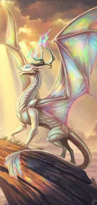 This fantasy phone live wallpaper features a majestic white dragon standing on a cliff, surrounded by iridescent colors