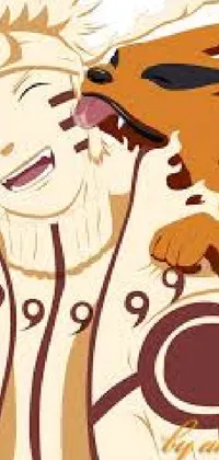 This lively phone live wallpaper features a detailed vector art close-up of a person petting a dog while the Nine-Tailed Fox from Naruto wraps around them