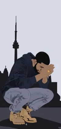 This vector art live wallpaper showcases a man on a skateboard, bowing down and looking sad