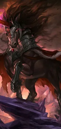 This stunning live wallpaper for phones features a captivating portrait of a strong and powerful warrior, riding a majestic black horse