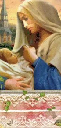 This live wallpaper features an enchanting painting of a woman holding a baby before a stunning church backdrop