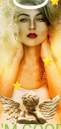 This phone live wallpaper showcases a digital art image of a woman with angel wings and stars above her head, boasting a golden color palette and an ethereal feel