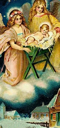 This Christmas themed phone live wallpaper features a charming scene with two angels and a baby in a manger, surrounded by hay and a glowing star above
