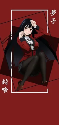 This animated phone live wallpaper features a striking anime drawing of a girl in a black and red silk uniform holding a katana sword on her lap