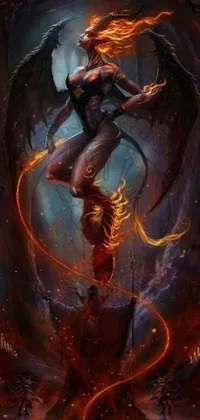 This phone live wallpaper showcases a breathtaking work of fantasy art featuring a daring woman riding a dragon amidst a fiery inferno