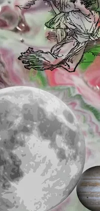 This mesmerizing live wallpaper features a digital drawing of an owl perched on a tree branch in front of a full moon, along with floating planets against a heavenly marble color background