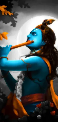 This live wallpaper for your phone features a striking digital painting of a man playing a flute