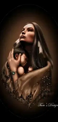 This phone live wallpaper features a digital rendering of a Native American woman holding a baby in her arms