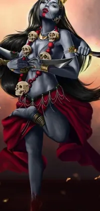 This phone live wallpaper features a stunning painting of a powerful female cyborg warrior holding a sword