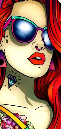 This colorful phone wallpaper features a vector art design of a confident, red-haired woman sporting sunglasses and holding a skateboard, set against a dynamic background with intricate details
