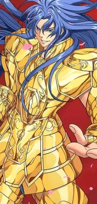 This is a stunning live wallpaper featuring an elegant female character with striking blue hair, wearing a shimmering golden paladin armor