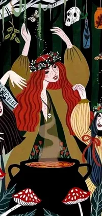 This phone live wallpaper depicts a group of witches in a dark, art deco style forest scene