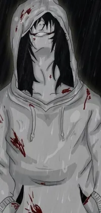 This phone live wallpaper features a dark and moody drawing of a person in a hoodie, bleeding in a bath