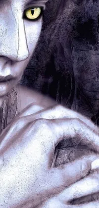 This intriguing phone live wallpaper features a close-up of a woman's face with yellow eyes